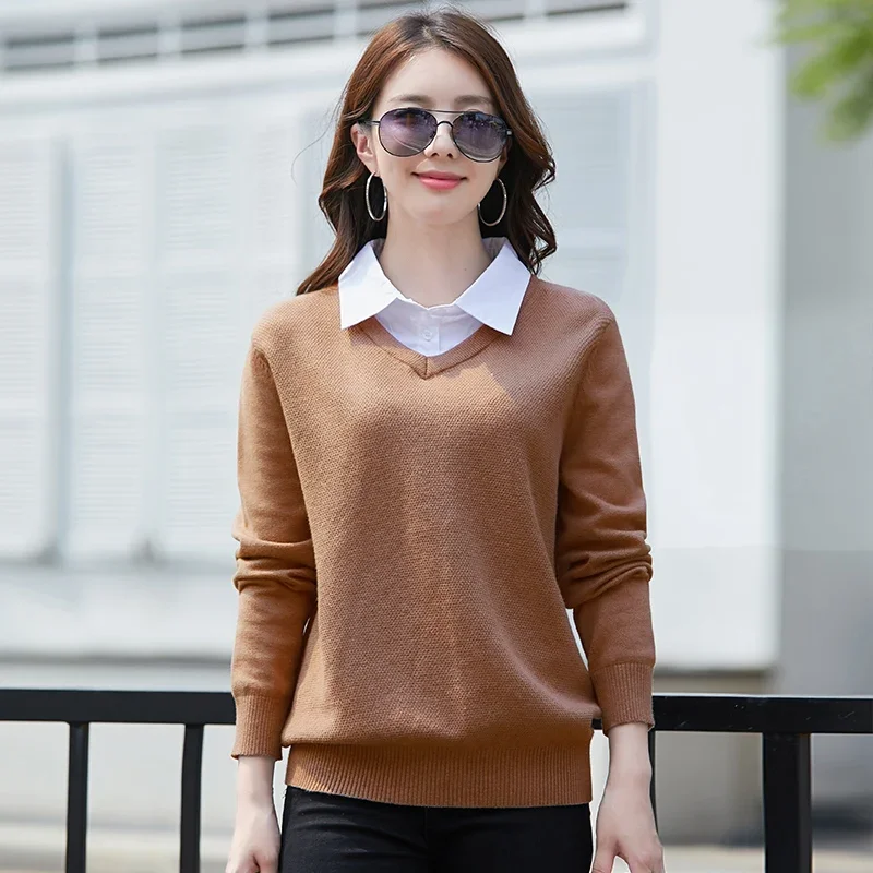 Autumn And Winter Turndown Collar Sweater Fake Two Piece Pullover Knit Loose Versatile Fashion Casual Long Sleeve Top 5