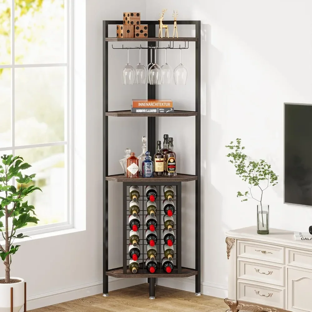 Corner Wine Rack with Glass Holder and Storage Shelves, 4 Tier Bar Wine Cabinet, Industrial Corner Cabinets