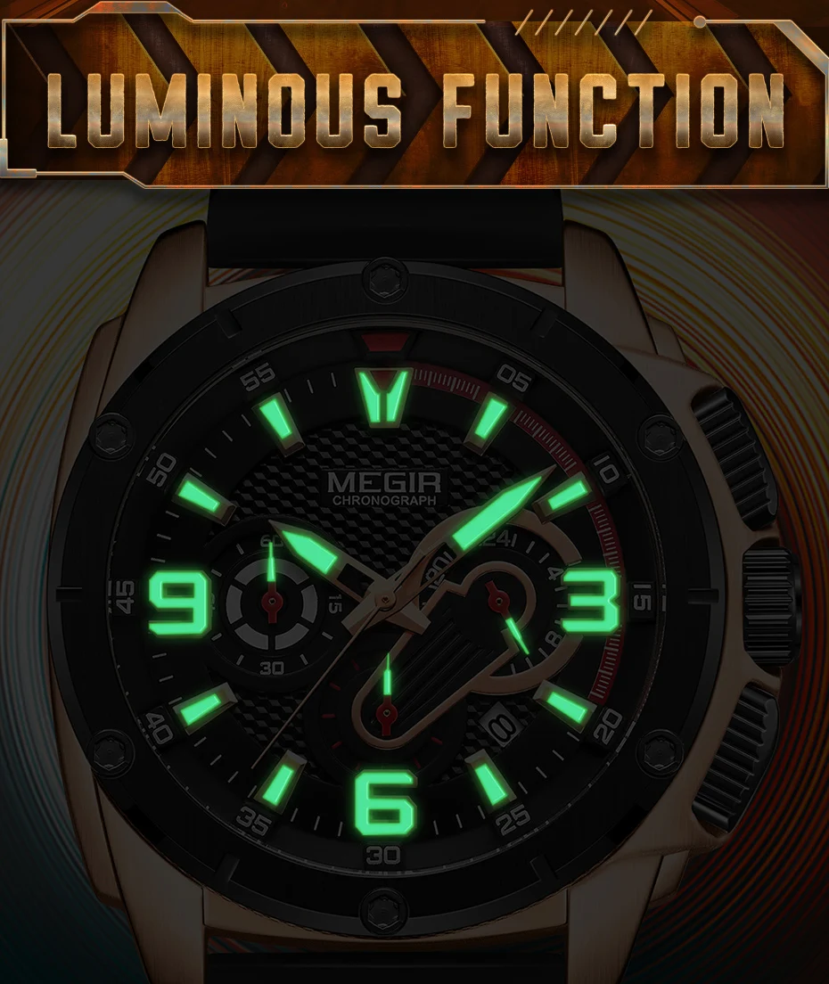 MEGIR New Black Sport Watches Men Luminous Military Watch Silicone Chronograph Quartz Wrist Watch Hot Sell