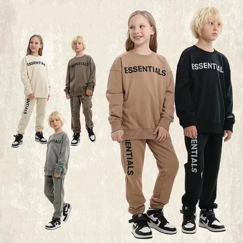 

ESSENTIALS Trendy Brand Children's Round Neck Sweater 3D Silicone Letter Boy Two-piece Set of Sanitary Pants Girls' Sweater Set