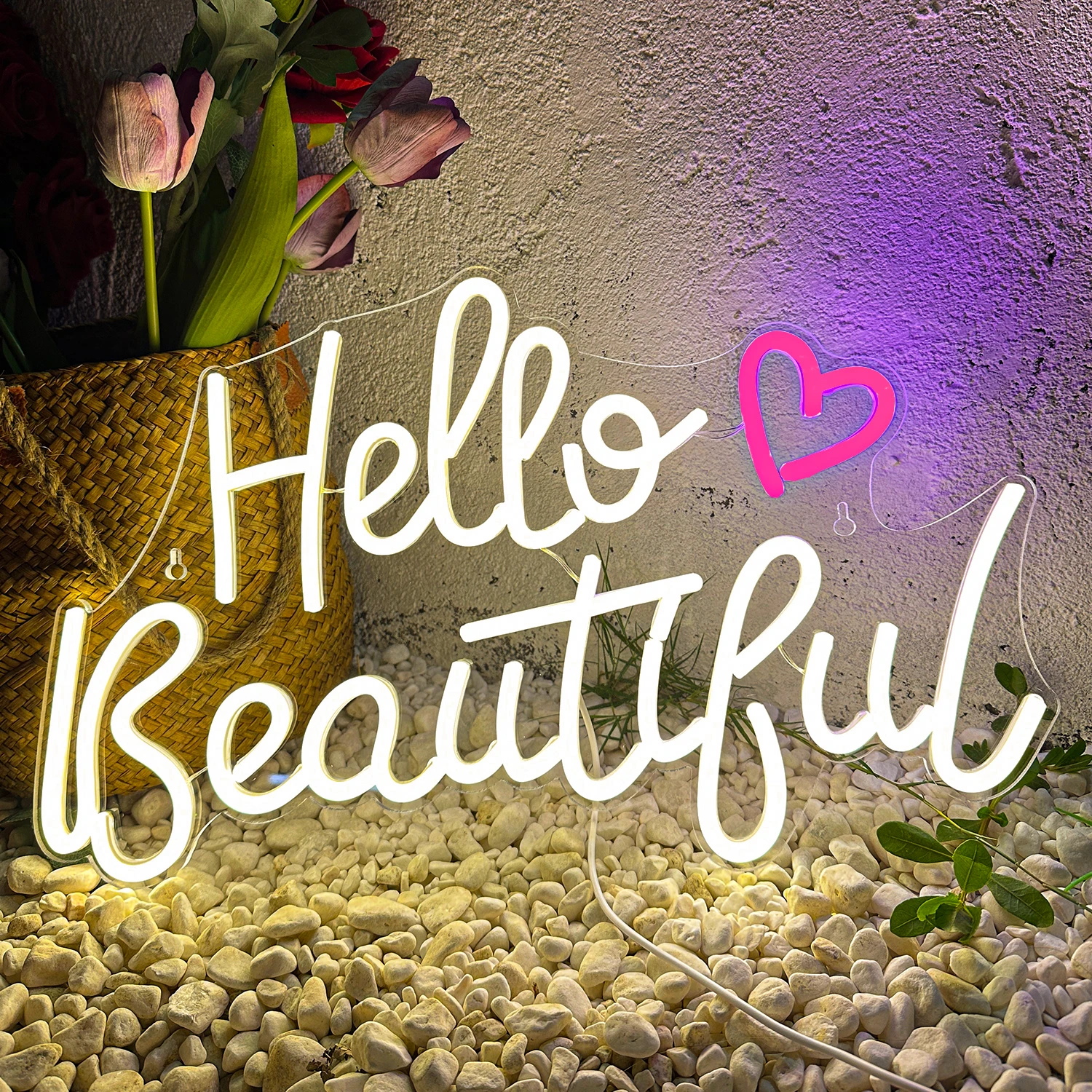 Hello Beautiful Neon Sign Studio Wedding Party LED Light Aesthetic Bedroom Home Game Room Art Personality Wall Decor Lamp Gift