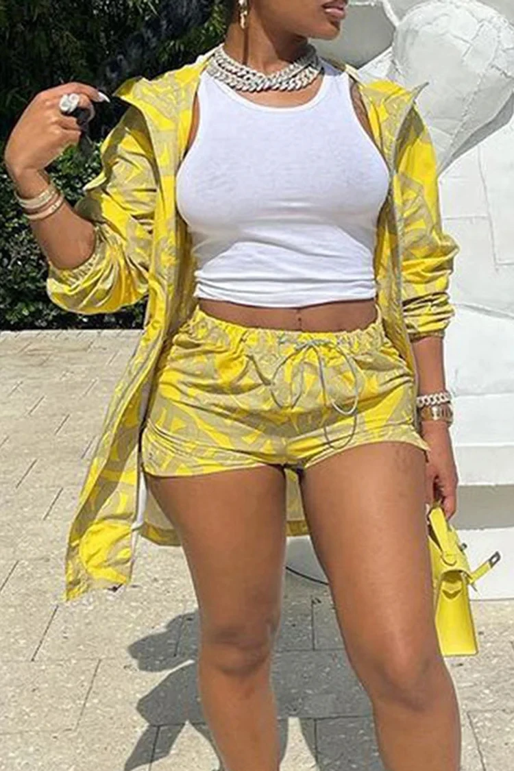 

Plus Size Yellow Casual Print Hooded Drawstring Two Pieces Short Sets