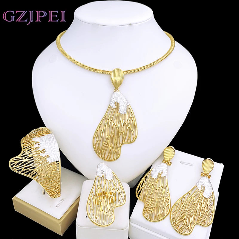

Brazilian Gold Color Jewelry Set Women Fashion Jewelry Trendy 18K Gold Plated Necklace Earrings Bracelet And Ring Free Shipping