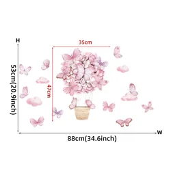 Pink Flower Hot Air Balloon Butterfly Wall Stickers - Nursery & Kids Room Decor (Butterfly air balloo)