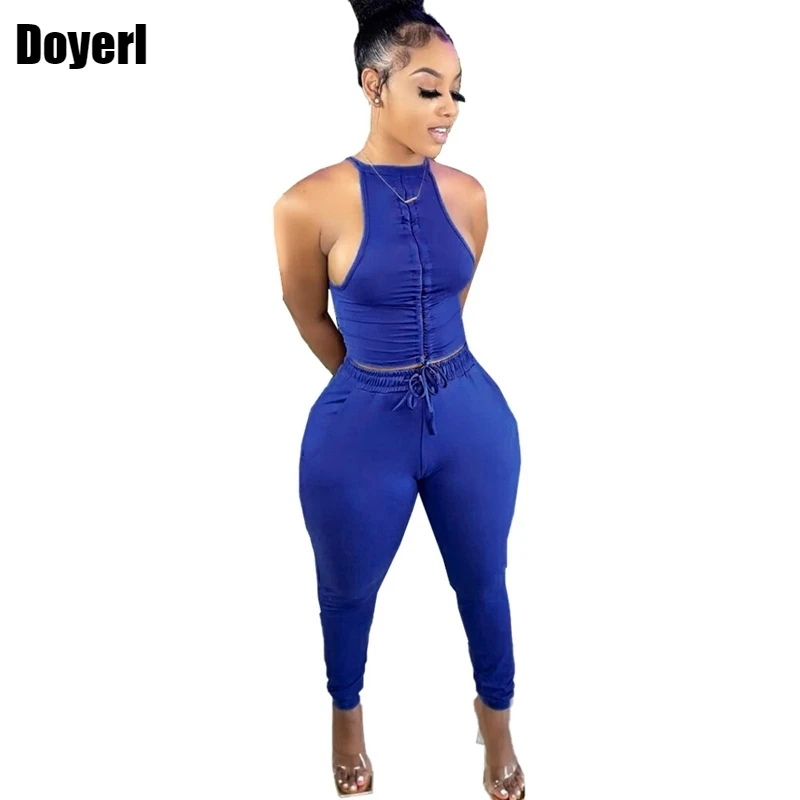 Bodycon Two Piece Set Women Summer Clothing Pants Sets Ruched Drawstring Crop Top Sweatpants
