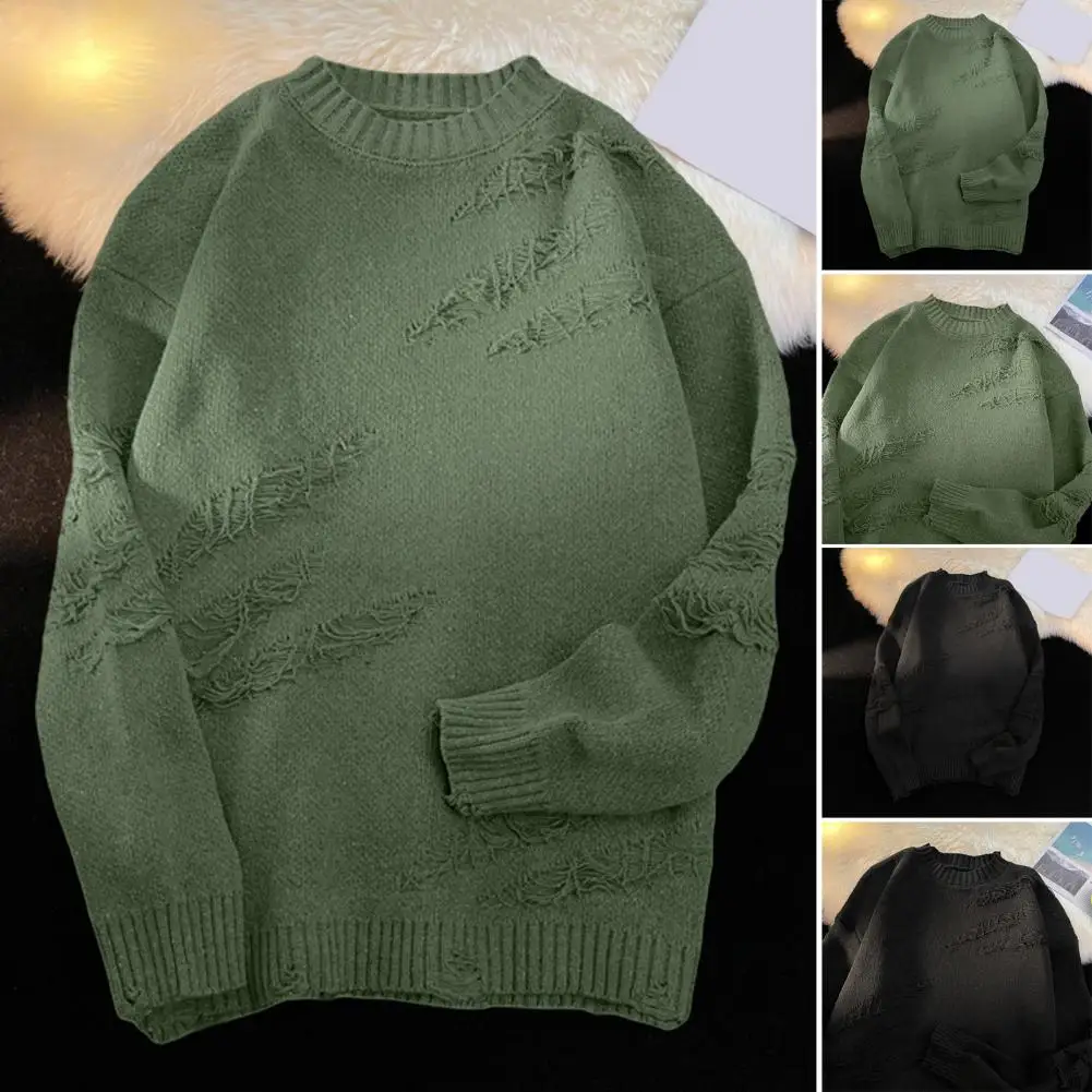 Description Picture 3 of itemMen Retro Sweater Holes Fringed Thick Long Sleeve Loose Pullover Hip Hop Warm Knitted Sweater For Men And Women Streetwear