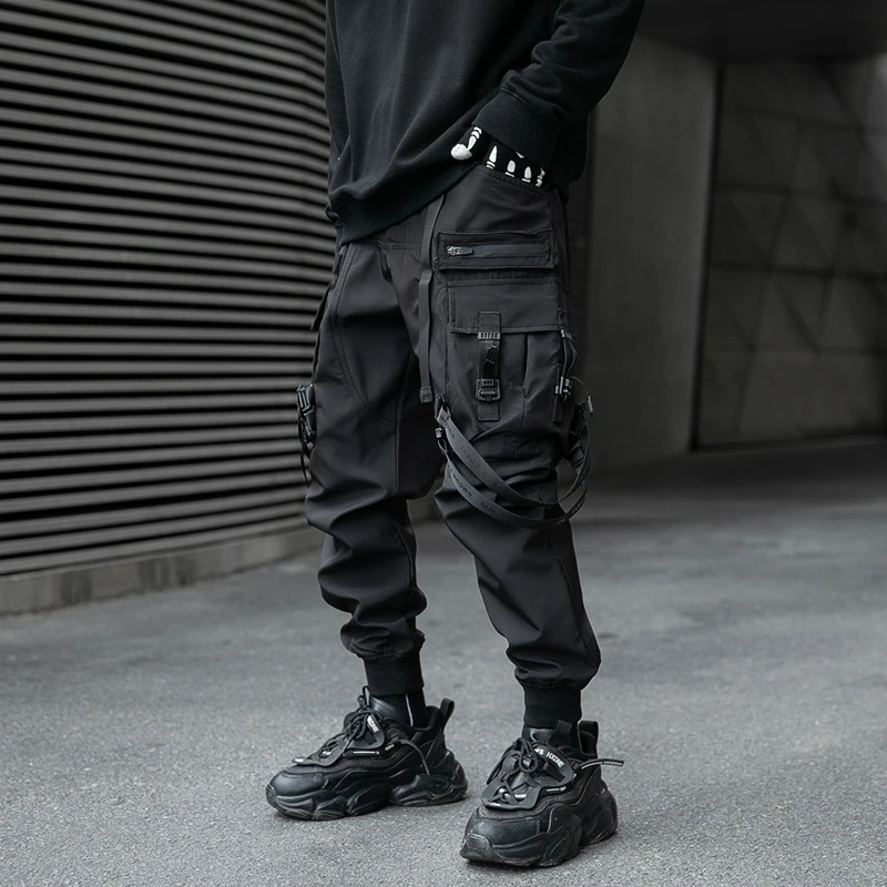 Hip Hop Tactical Cargo Pants Men Ribbons Joggers Trousers 2023 Spring Functional Elastic Waist Fahsion Streetwear Pant 3