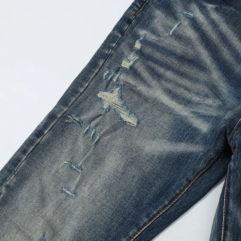 High Street Fashion Men's Split Je Elastic Tight Split Jeans Men's Leather Panel Designer Hip Hop Brand Pants Ho