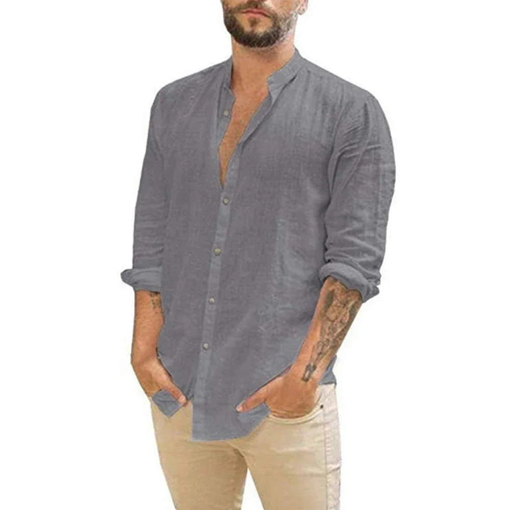 Linen Shirt Cotton Men Long-Sleeved Summer Solid Color Stand-Up Collar Beach Style