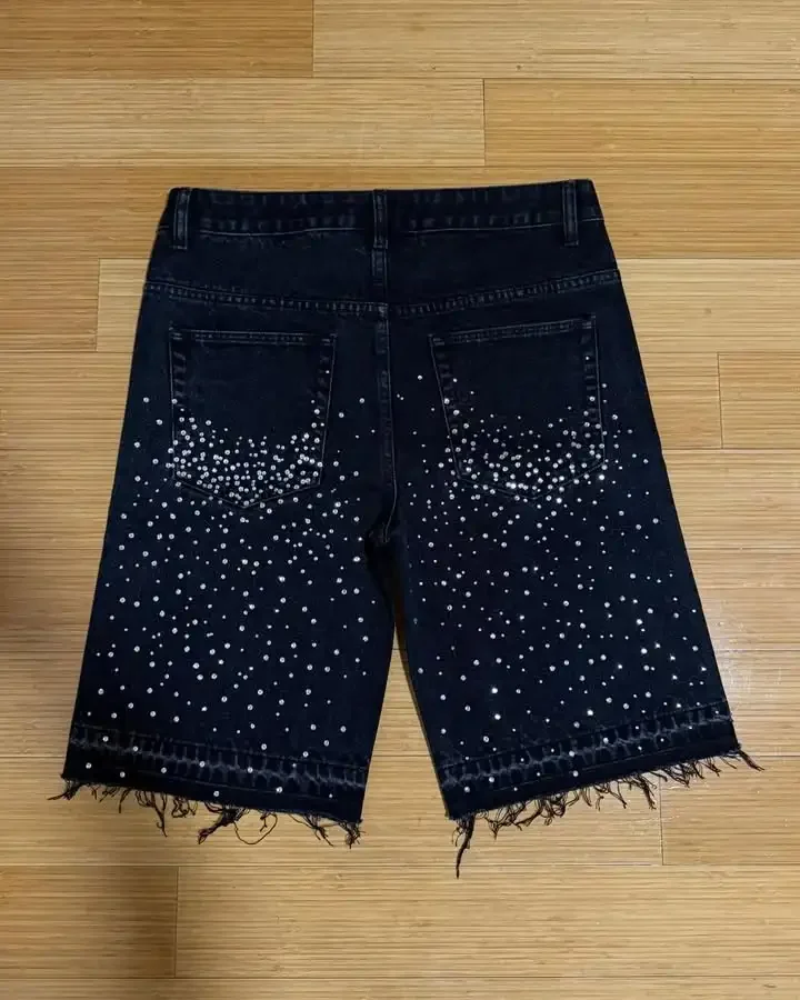 Vintage Black Cross Rhinestone Sequin Denim Shorts Y2K Jeans Mens Womens Hip Hop Rhinestone Baggy Shorts Casual Basketball Short