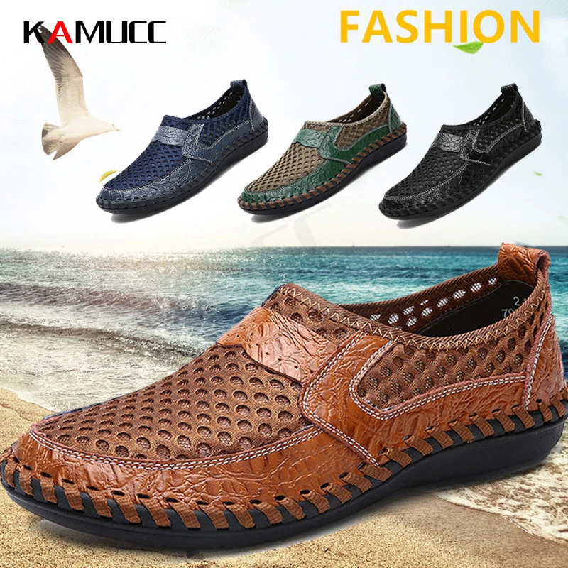New Summer Men Casual Shoes Breathable Letaher Loafers Soft Flats Sandals Handmade Male Driving Large Size 38-50 |