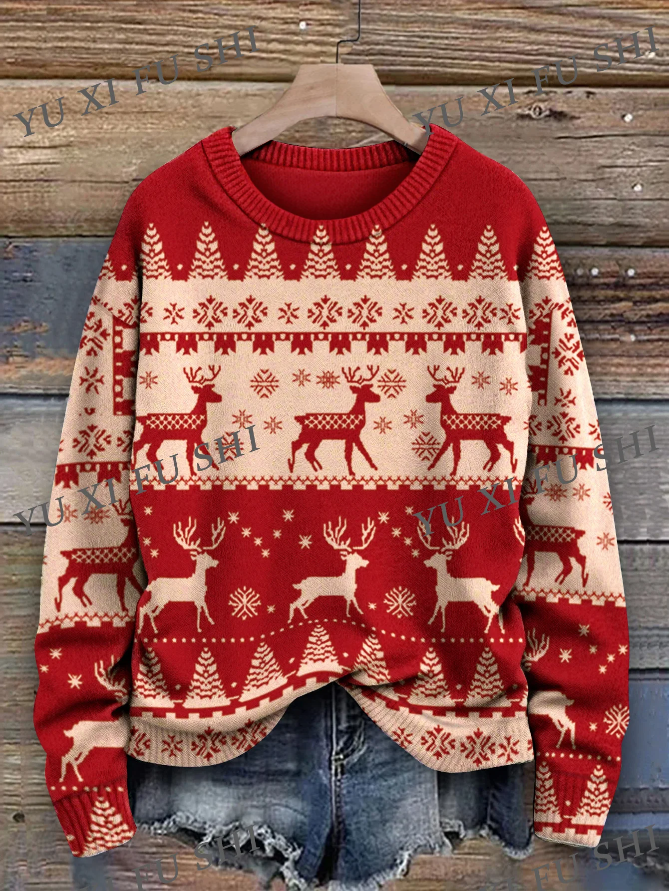 Crew Neck Winter Jumpers Womens Winter Christmas Elk Print Red