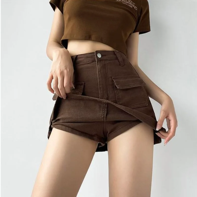 American Retro Coffee Color Mini Skirts Shorts Women Summer New High Waist Slim A-line Denim Short Skirt with Pocket