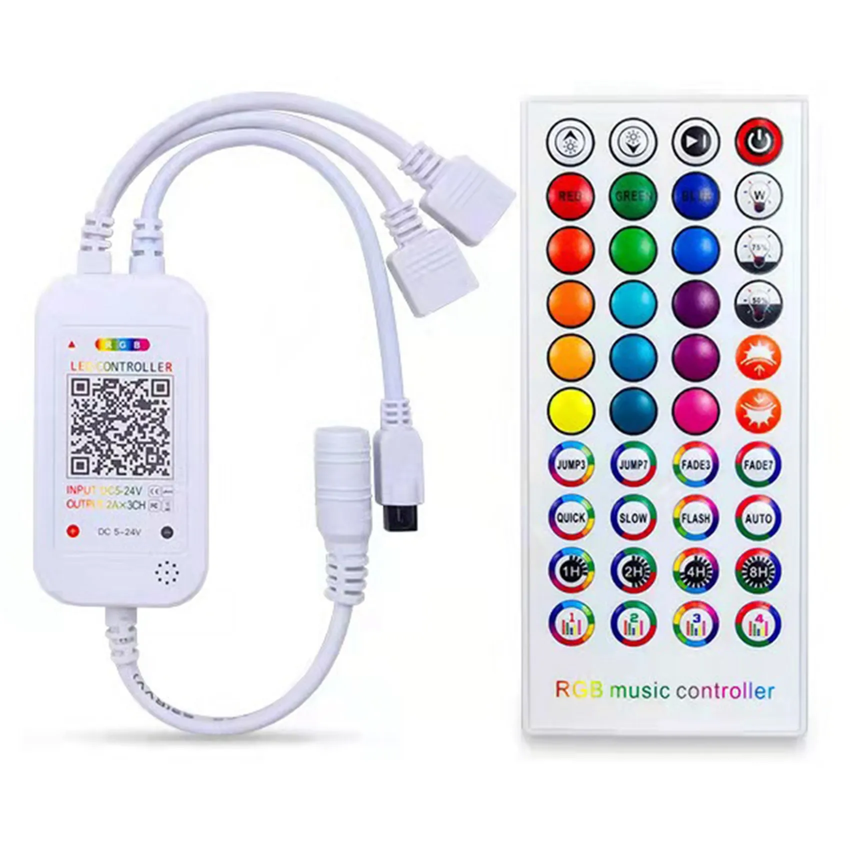 

DC5-24V Bluetooth LED Controller+40 Keys Remote Control APP Control and Music Sync RGB IR RF for 5050 3528 RGB LED Light