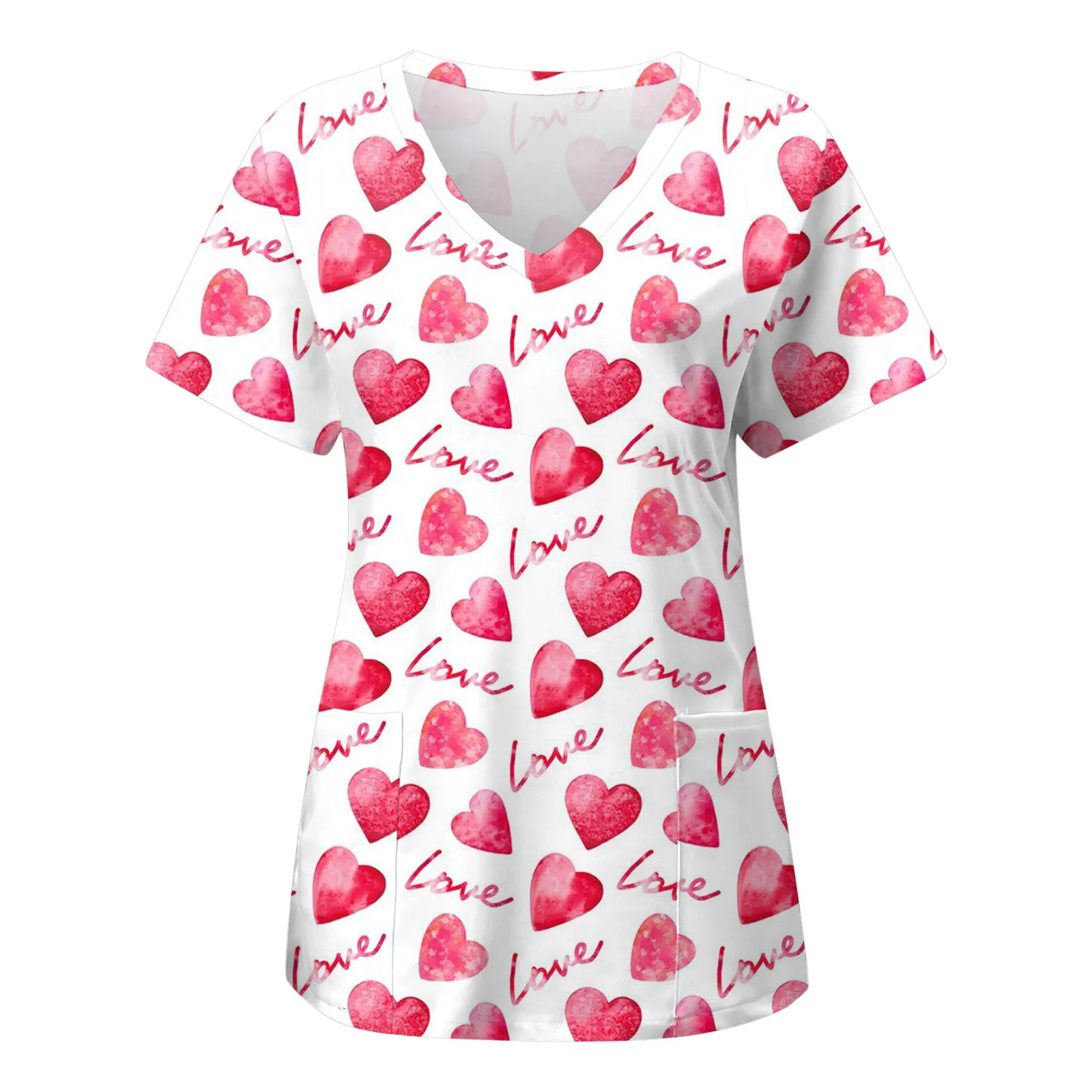 

Nurse Uniform Scrubs Tops Women Valentine Love Print Short Sleeve V Neck Blouse Medical Nursing Working Workwear Workers Tunic