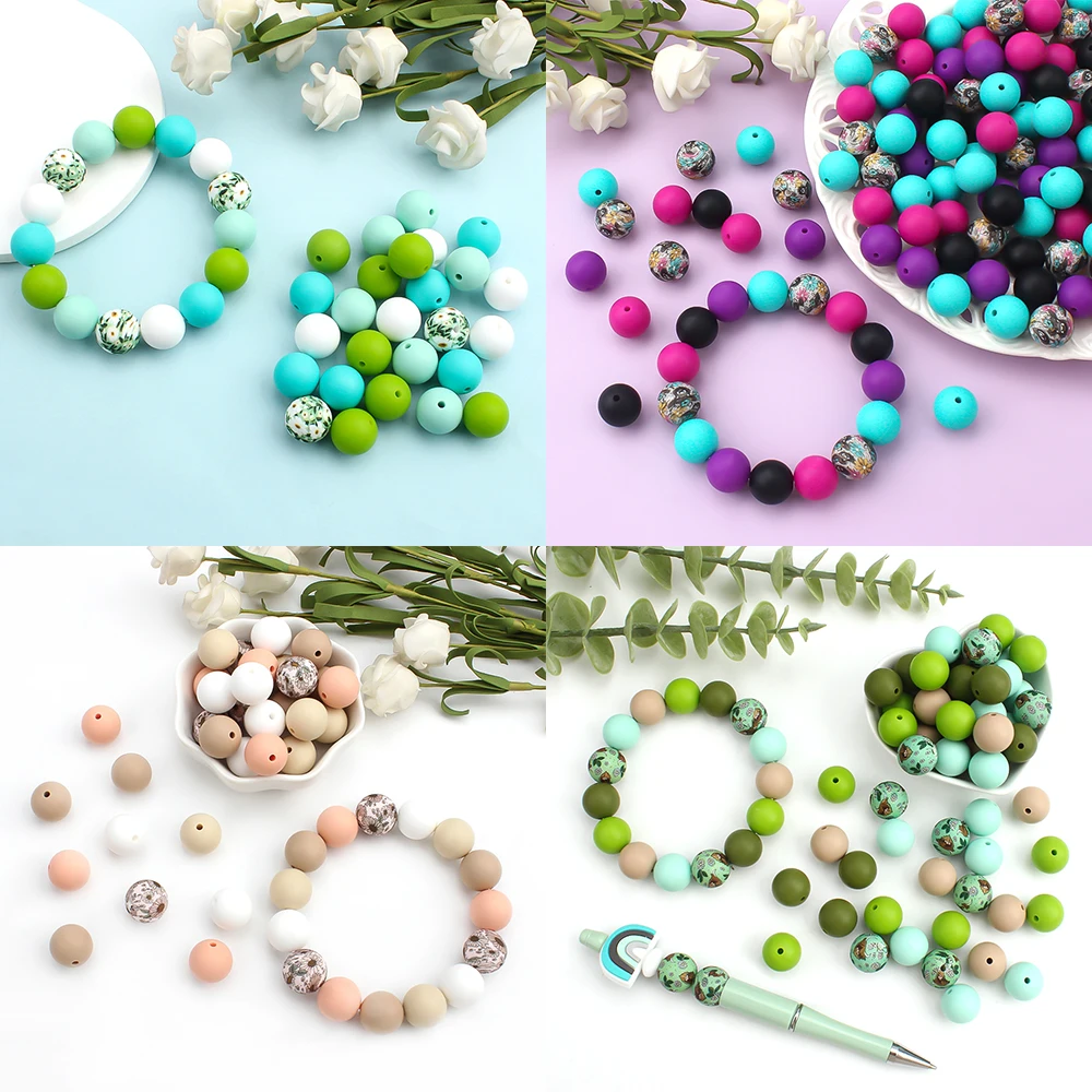 30/20/10Pcs 15mm 라운드 실리콘 비즈 인쇄 및 솔리드 컬러 비즈 쥬얼리에 대 한 진주 DIY 펜 페르시 키 체인 액세서리 만들기