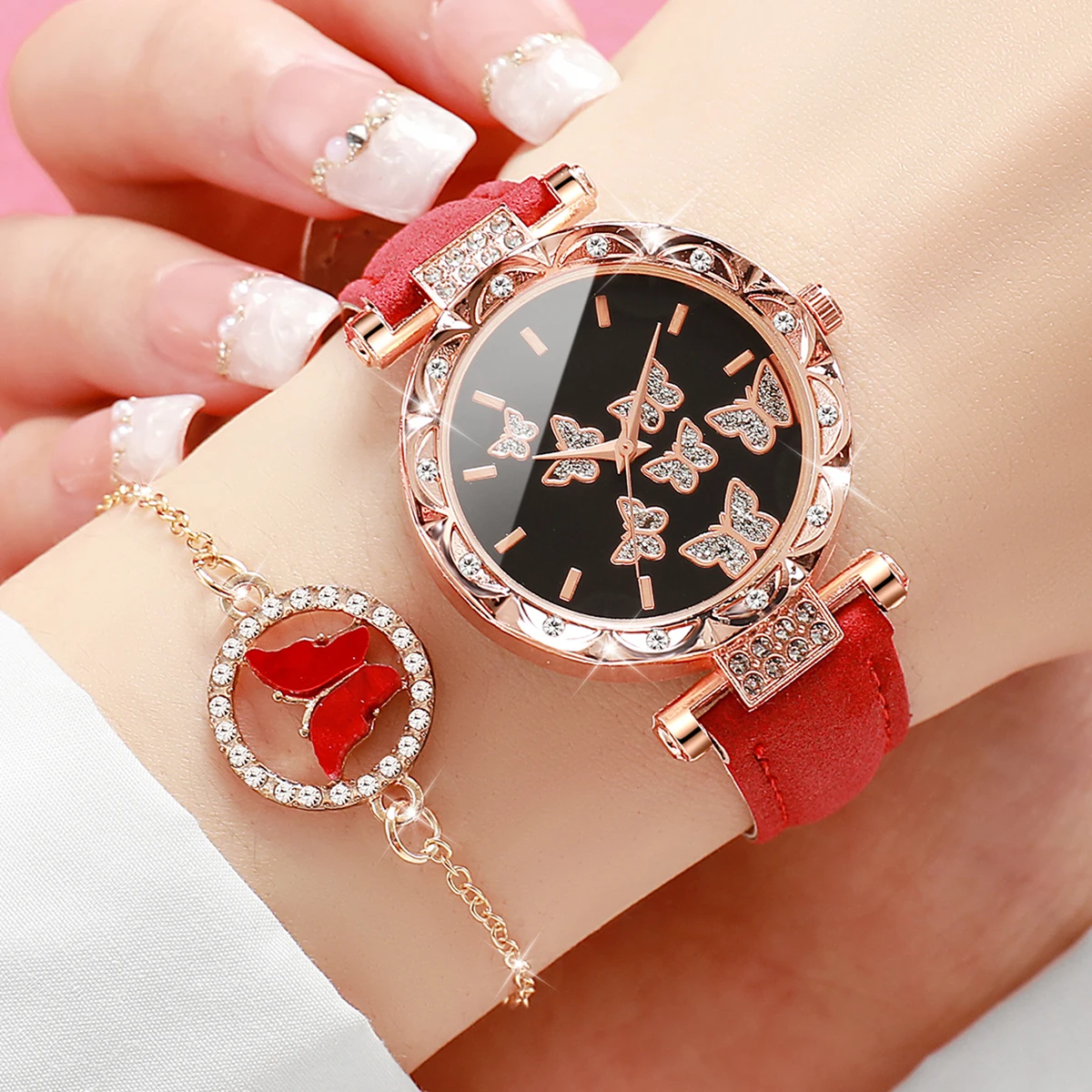 5PCS/Set Women's Watch Fashion Rhinestone Leather Band Quartz Watches Butterfly Jewelry Set（Without Box） 3