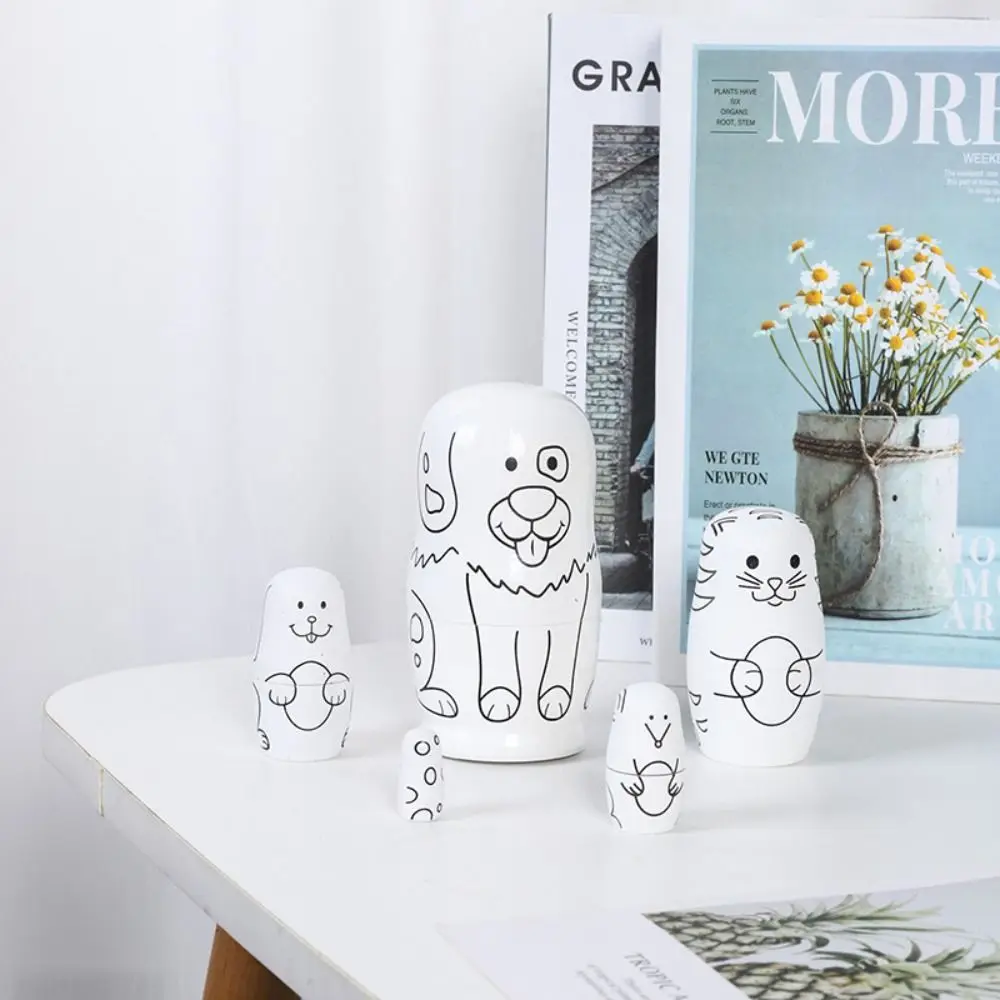 Cute 5Pcs/Set Animal Matryoshka Doll Smooth Wood Girls Russian Doll Craft Safe Wooden Stacking Dolls Xmas
