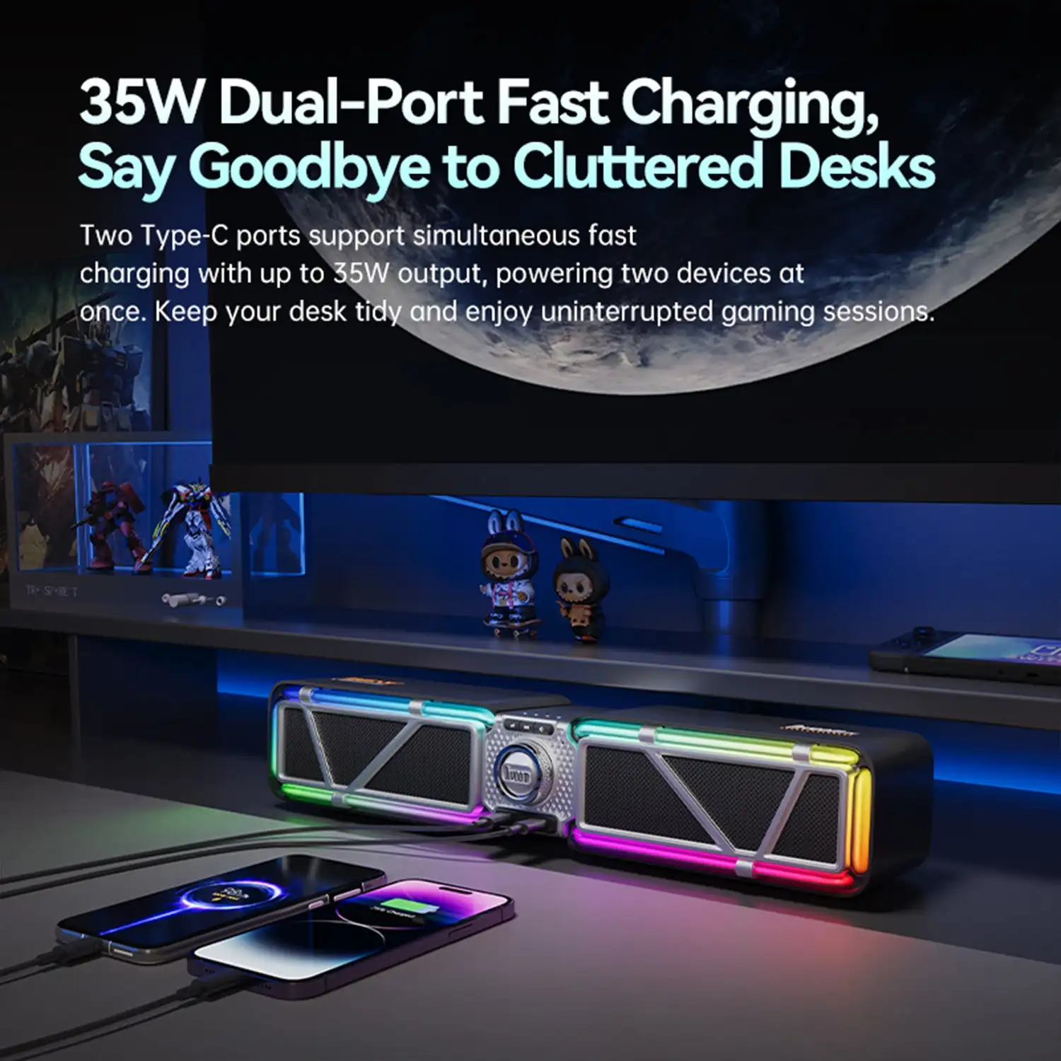 디붐 D-베이스 게이밍 데스크탑 스피커 맞춤형 RGB 조명 효과 24비트 DSP 듀얼 노이즈 캔슬링 마이크