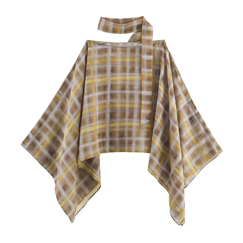 Chic Fashion Plaid Midi Skirts Two Piece Sets For Women 2025 New Scarf Collar Cape Tops Women's Suits Elegant Woman Outfits ﻿