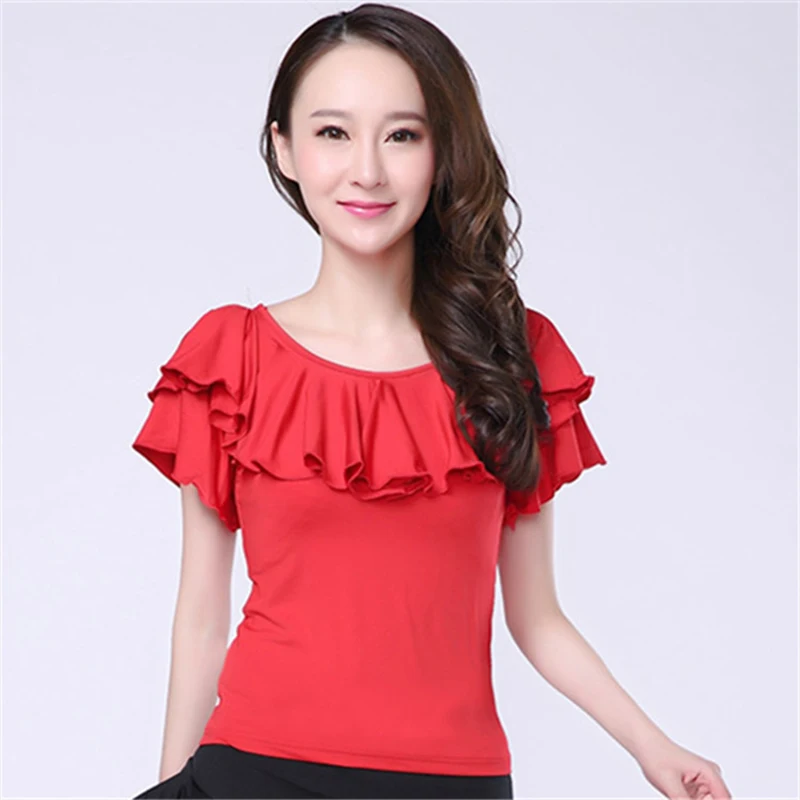라틴 댄스 볼룸 댄스 셔츠 Activewear 탑 프릴 퓨어 컬러 여성 성능 반소매 밀크 섬유 블라우스 의류