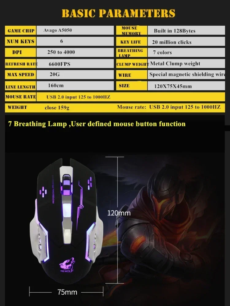 Free Wolf V5 Wired Mouse Ergonomics RGB Metal Base Macro Programming CSGO E-Sports Gaming Mouse PC Gamer Laptop Accessories Gift