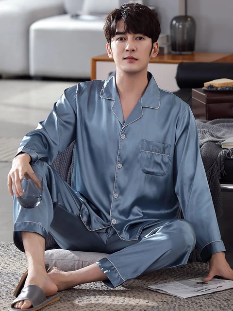 Check Men Satin Faux Silk Sleepwear Nightwear Pajamas Pants Tops