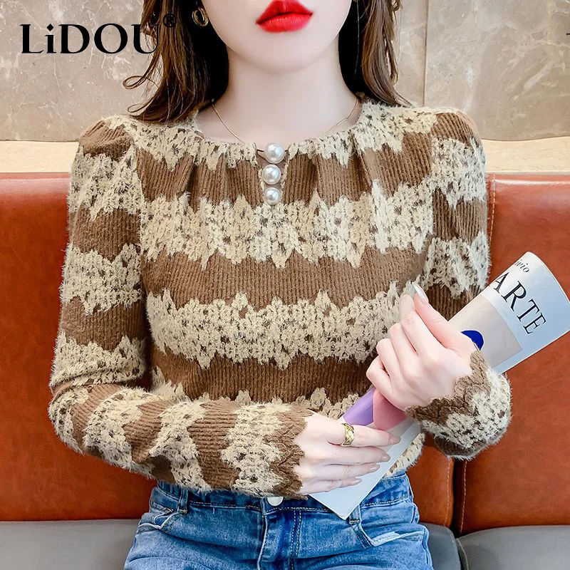 

Autumn Winter Beading Vintage Lace Patchwork Pullover Tee Female Long Sleeve Loose Casual All-match Top Women Fashion T-shirt