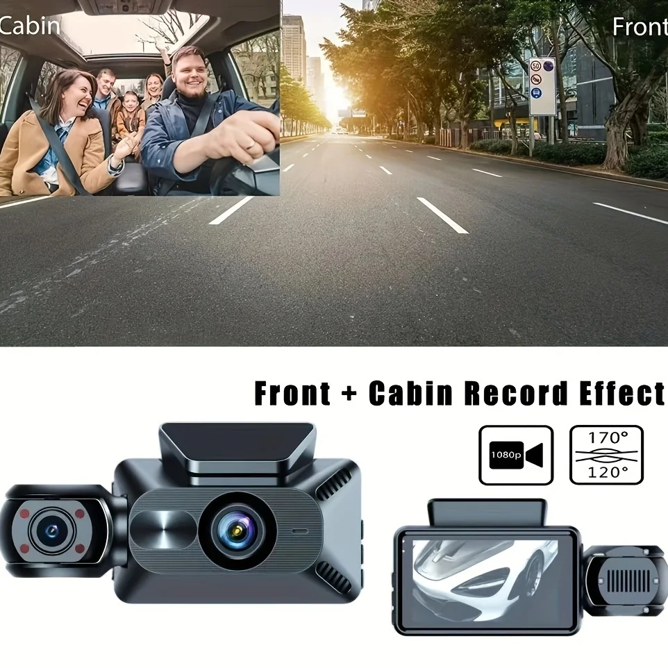 3 Channel Dashcam Full HD 1080P Front  Interior And Rear 3.0-inch IPS Screen G-sensor Infrared Night Vision Car DVR