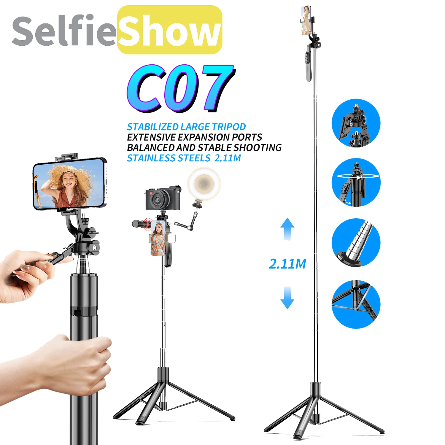 Selfieshow C07 2.11m Wireless Stable Shooting Bluetooth Expansion Tripod Selfie Stick Stabilizer Tripe Stand for Cell Phone