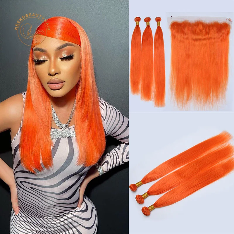 Orange Human Hair Extensions with Lace Frontal Ginger Orange Colored ...