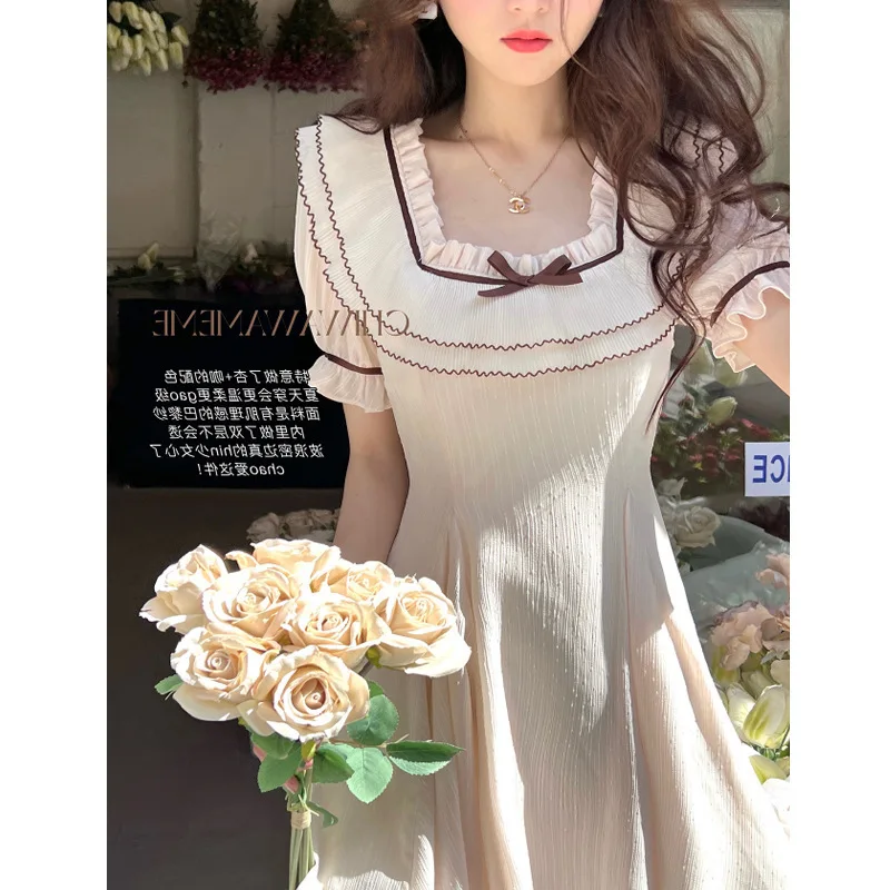 

Internet Celebrity 2022 Spring and Summer Short Sleeve Special Style Ice American/French Girl Heart Square Collar Bow Dress