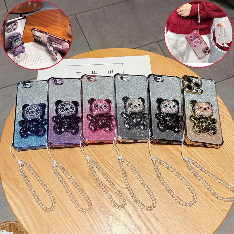 Shockproof Phone Case with 3D Bear Stand and Glitter Crystal Chain Lanyard