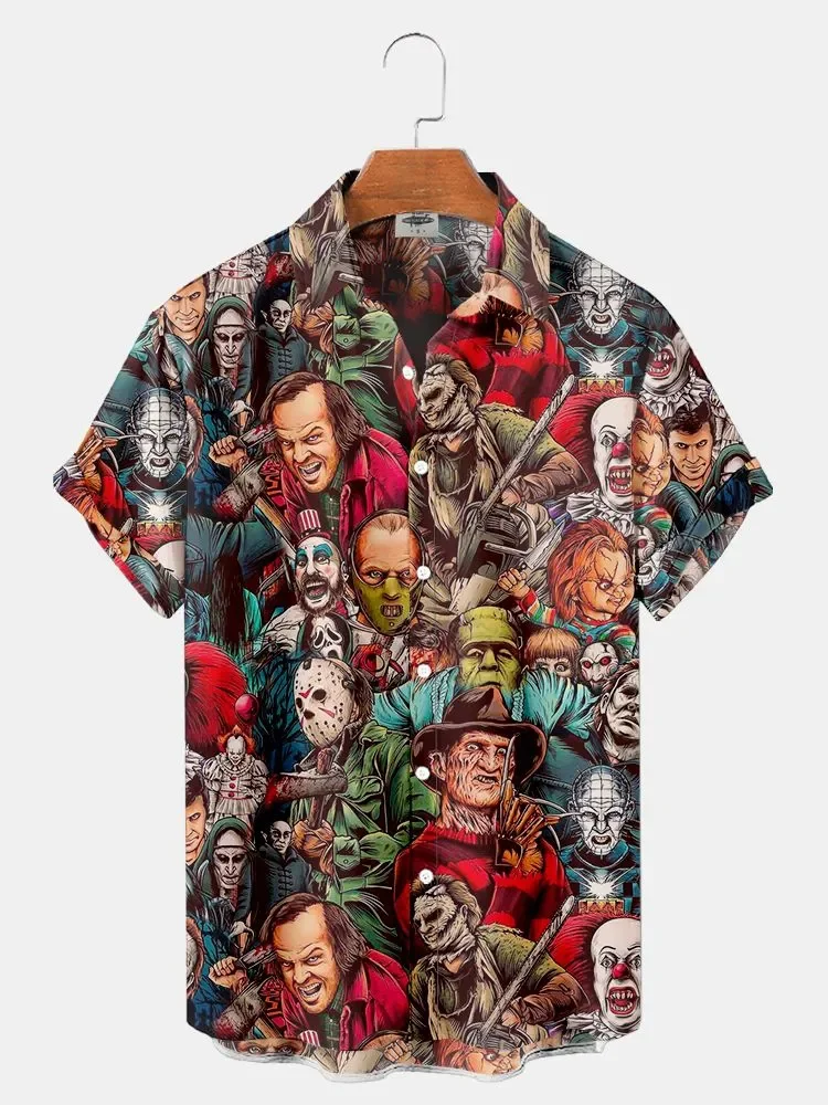 

2023 Summer New Men's Shirt 3D Printed Horror Pattern Hawaiian Fashion Designer Men's Horror Shirts Movie Print 3XL Tops