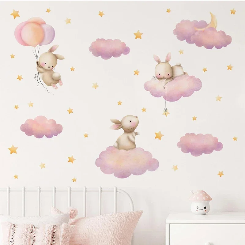 Kawaii Cartoon Bunny Pink Clouds Stars Watercolor Children Stickers Vinyl Nursery Wall Decals Kids Girls Baby Room Home Decor wall stickers vinyl decal stickers children room decoration