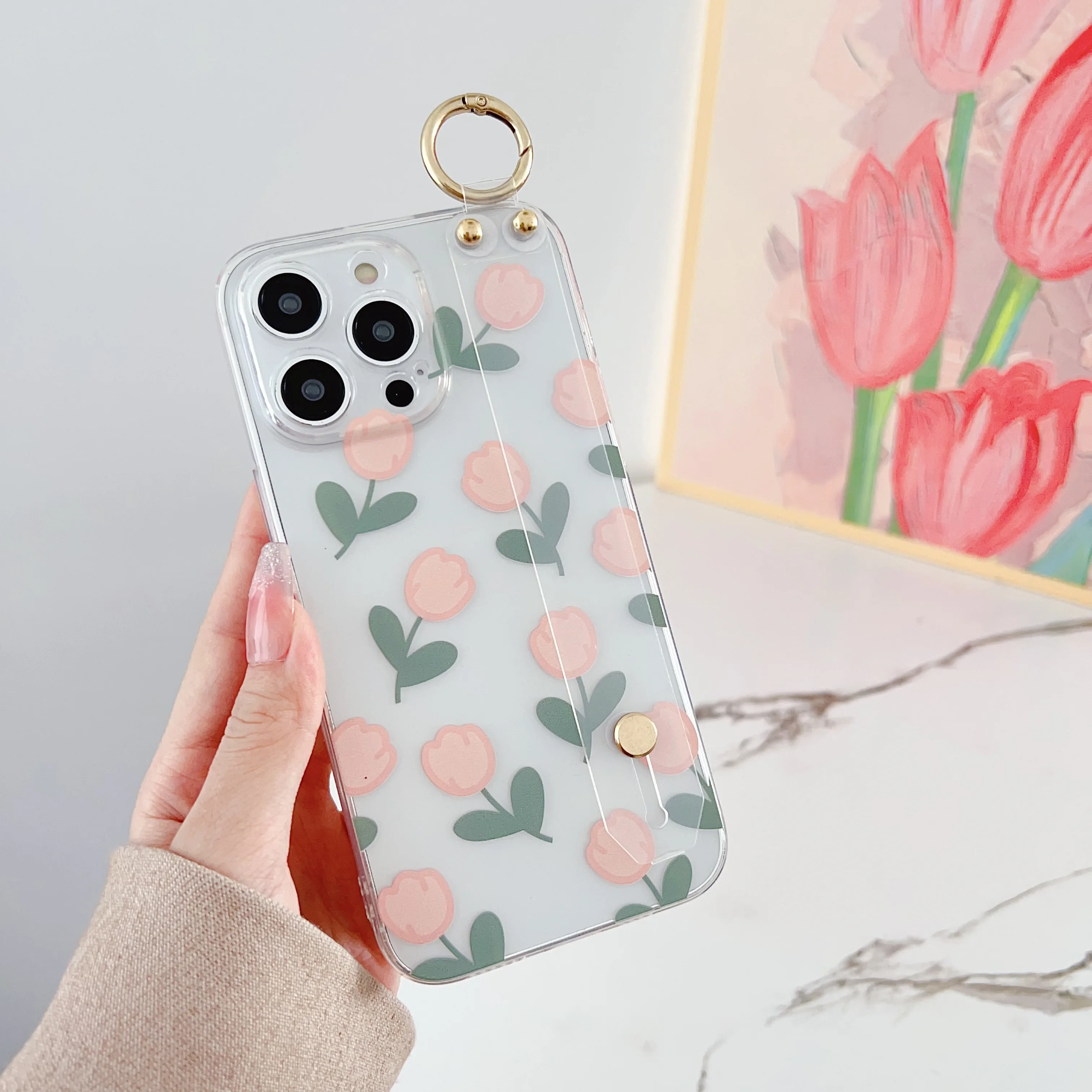 Elegant Floral Case with Wrist Strap