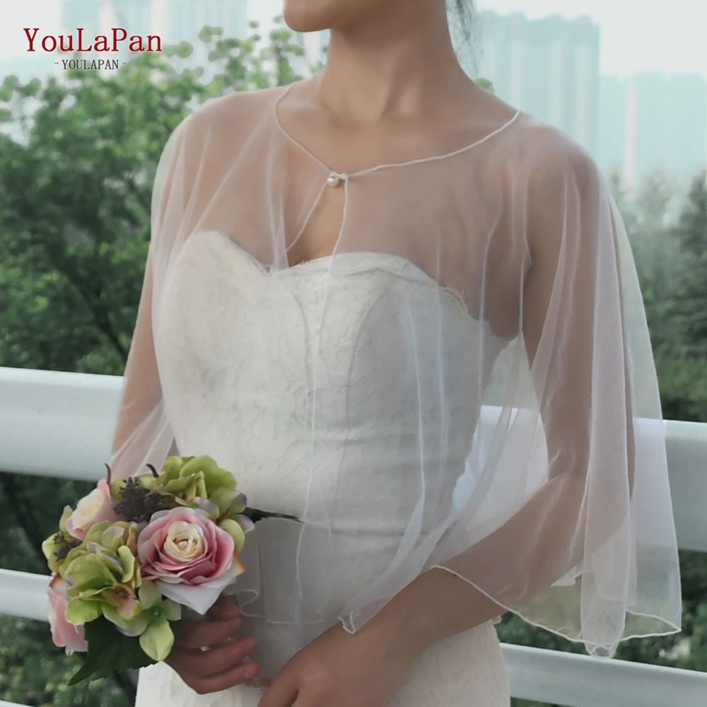 TOPQUEEN Summer Tulle Crop Top Bridal Dress Accessories Shawl Elbow Length Cardigan Pearl Button Top Blouse VG89