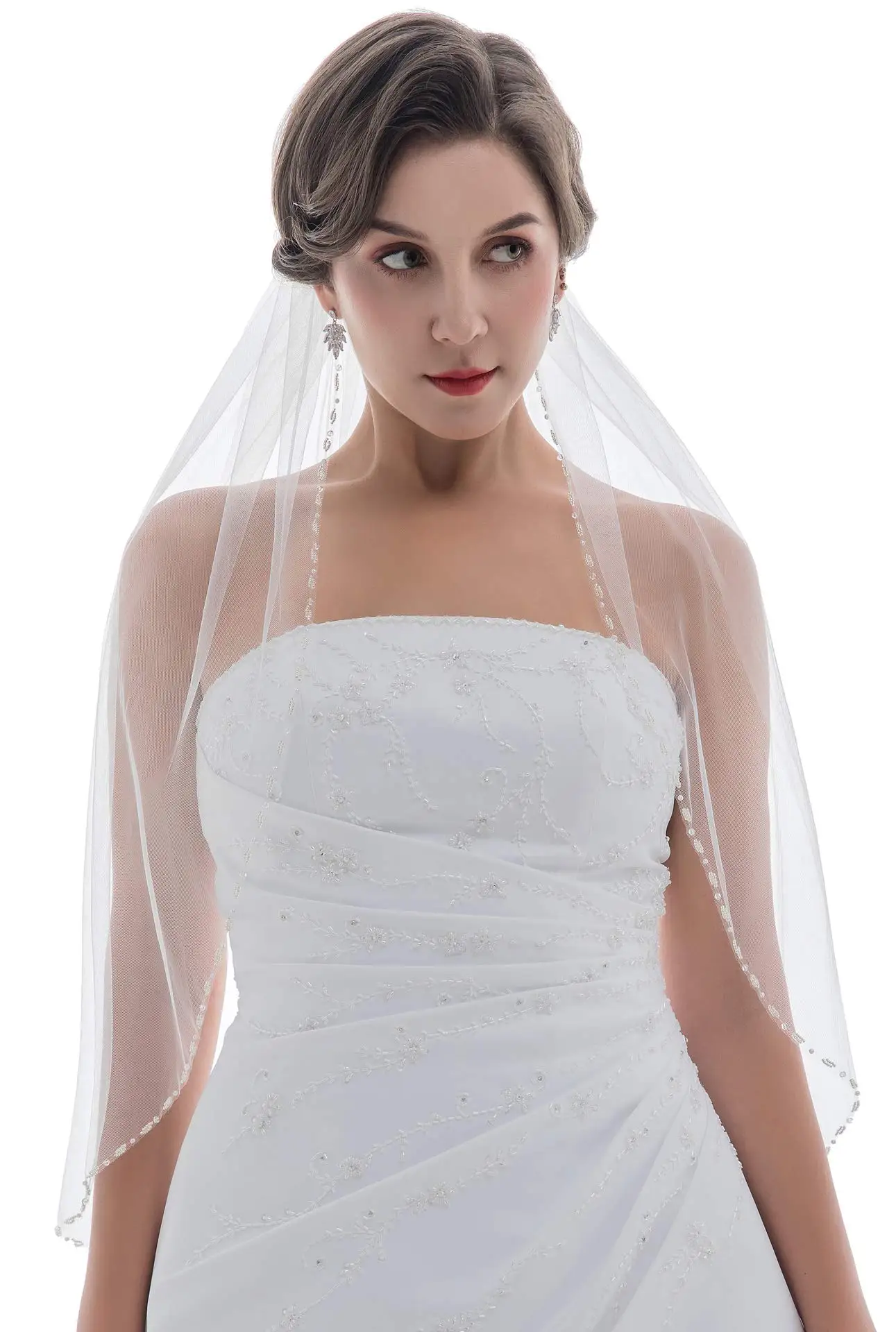 

1T 1 Tier Pearl Crystal Beaded Edge Bridal Wedding Veil 2022
