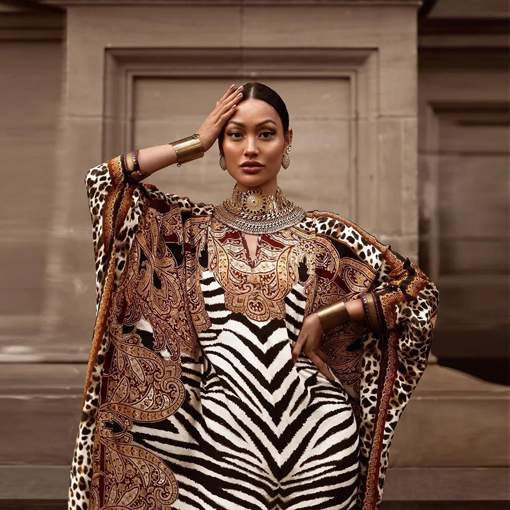 Over Sized Caftans Cover-ups Boho Women's Turkish Wine Leopard Ethnic Print Plus Size Muslim Kaftans Vestido Playa