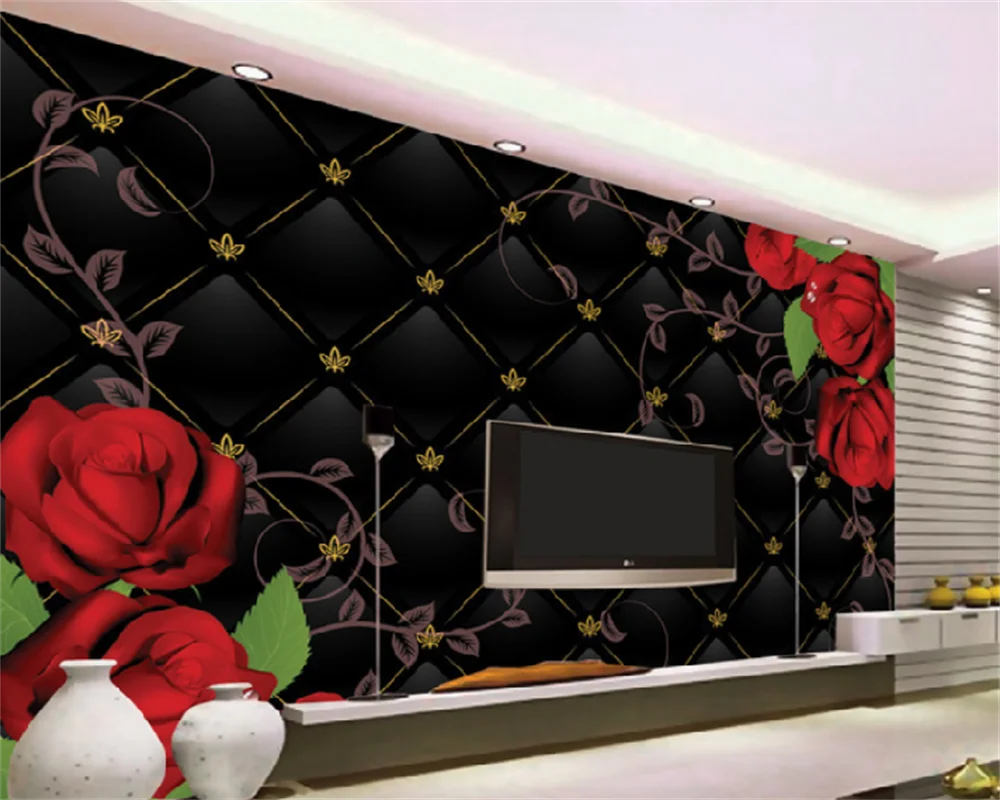 Custom-wallpaper-black-gold-soft-bag-fashion-red-rose-living-room