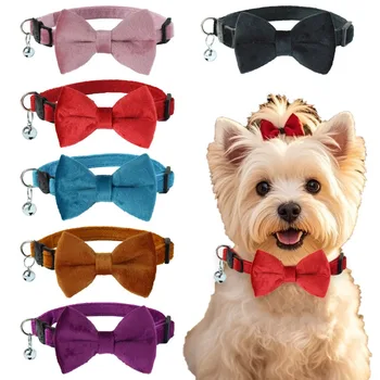 Velvet Cat Collar Solid Color Bowknot Puppy Chihuahua Collars with Bell Adjustable Safety Buckle Cats Bow Tie Pets Accessories