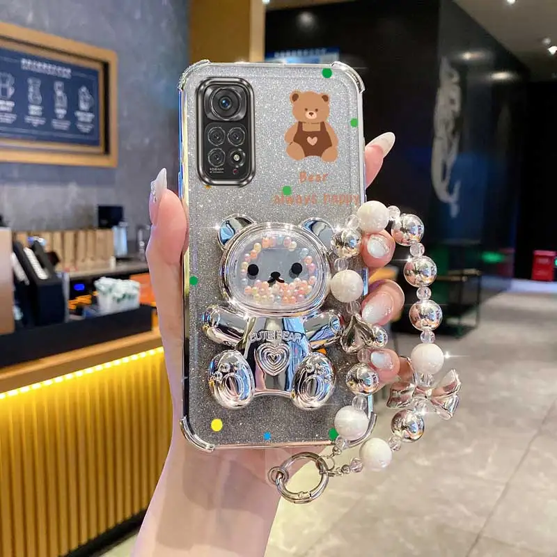 Pearl Glitter Bear Phone Holder Case with Strap