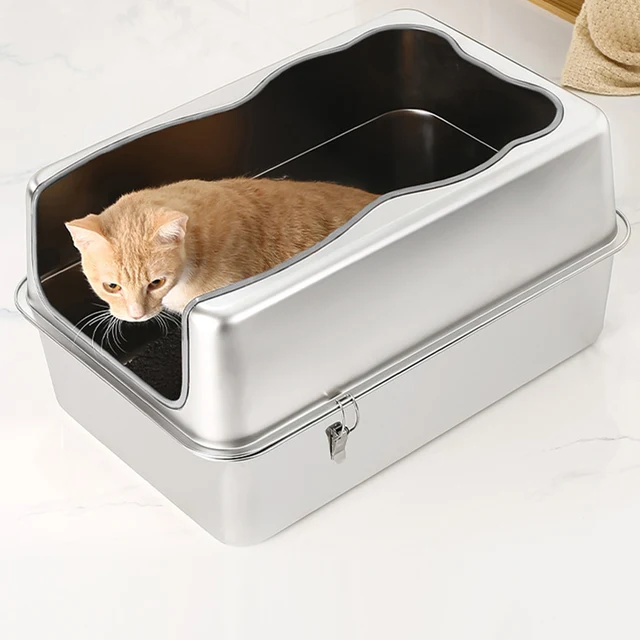 Extra Large Cat Litter Box with Lid Top Entry Litter Pan High Sided Top Exit Metal Cat Pan Anti-Urine Leakage for Big Cats Kitty 2