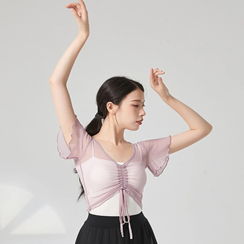 Costume da danza classica per donna, abito sari a maniche corte con volant, coulisse, garza, maglia, performance, abiti da allenamento per balletto - immagine 6