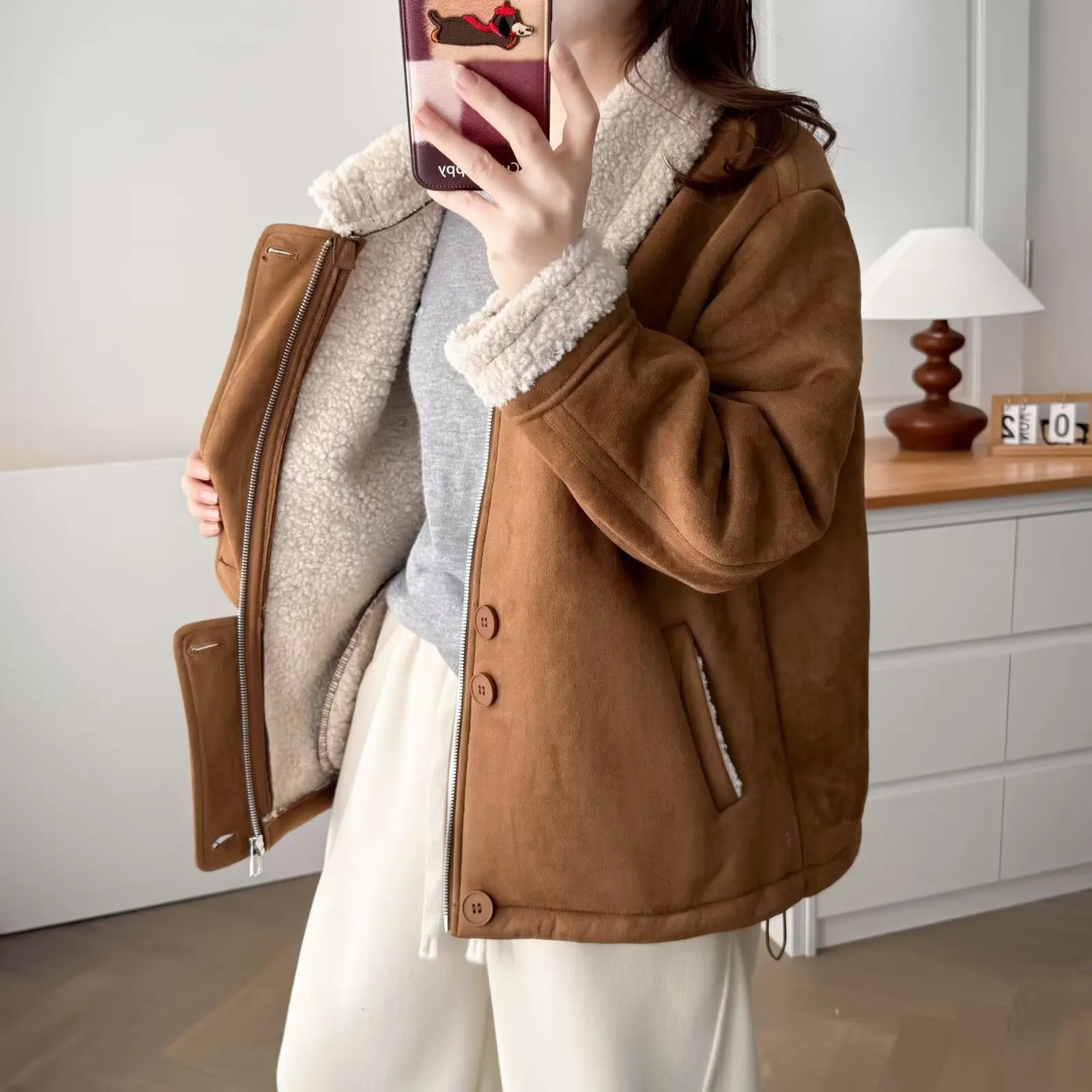 XXXXL Fashion Plus Size Women's Suede Coat 2025 Winter New Fashion Lapel one-piece Fleece Zipper Jacket Warm Top 2510