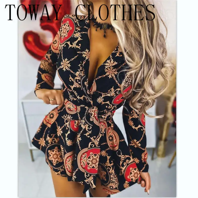 

Dress For Women Summer Baroque Print Vintage V Neck Long Sleeve Mini Dresses Sexy Party Evening Vestidos Dresses