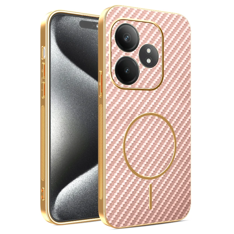 Premium Electroplating Leather Carbon Fiber Magnetic Ring Phone Case - Anti-Fall Protection