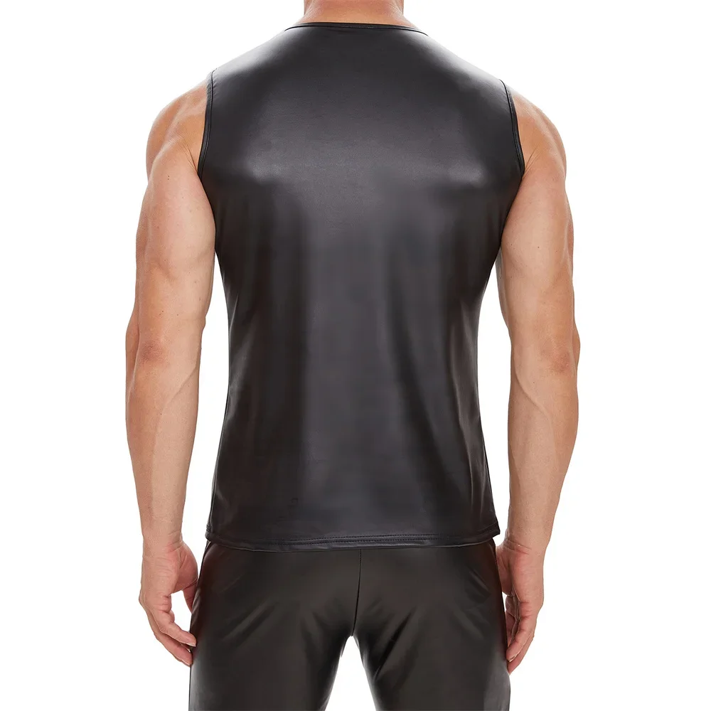Mens Sexy PU Leather Tank Tops Sleeveless Body Shaping Sheath Vest Male Soft V-neck Bandage Leather Tanks Top Gym Fitness Vests