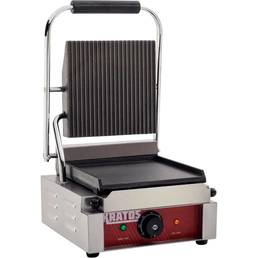 Commercial Electric Panini Sandwich Grill with Grooved Top and Smooth Bottom Plates for Perfect Toasted Sandwiches 9 x 9 Large