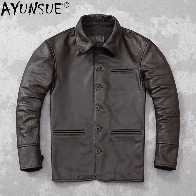 

AYUNSUE Genuine Cow Leather Coat Casual Brown Jacket Men Autumn Clothes Real Cowhide Jackets Jaqueta Masculina